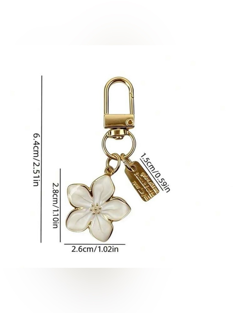 NWT Gold-Tone Alloy Metal White Flower Keychain | Bag Charm | Designer - Picture 3 of 3